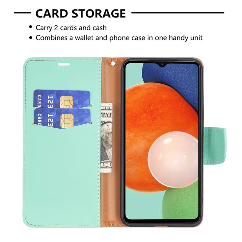 For Samsung Galaxy A13 4G / A13 5G / A04 4G (164.4 x 76.3 x 9.1 mm) Magnetic Closure Litchi Texture PU Leather Wallet Solid Color Cell Phone Cover with Strap - Green