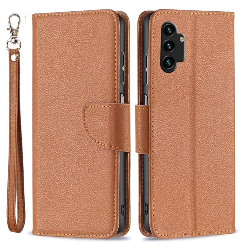 For Samsung Galaxy A13 4G / A13 5G / A04 4G (164.4 x 76.3 x 9.1 mm) Magnetic Closure Litchi Texture PU Leather Wallet Solid Color Cell Phone Cover with Strap - Brown