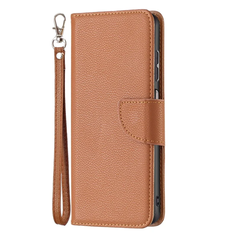 For Samsung Galaxy A13 4G / A13 5G / A04 4G (164.4 x 76.3 x 9.1 mm) Magnetic Closure Litchi Texture PU Leather Wallet Solid Color Cell Phone Cover with Strap - Brown