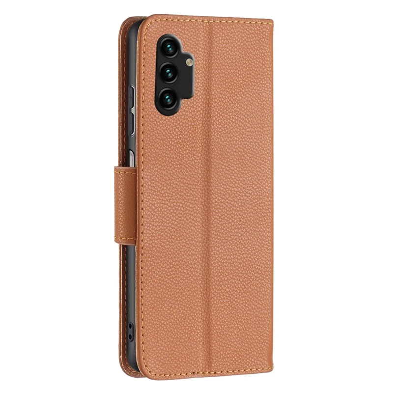For Samsung Galaxy A13 4G / A13 5G / A04 4G (164.4 x 76.3 x 9.1 mm) Magnetic Closure Litchi Texture PU Leather Wallet Solid Color Cell Phone Cover with Strap - Brown