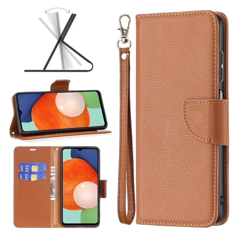 For Samsung Galaxy A13 4G / A13 5G / A04 4G (164.4 x 76.3 x 9.1 mm) Magnetic Closure Litchi Texture PU Leather Wallet Solid Color Cell Phone Cover with Strap - Brown