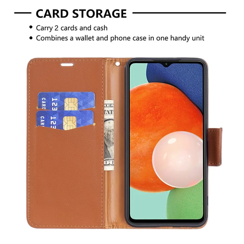 For Samsung Galaxy A13 4G / A13 5G / A04 4G (164.4 x 76.3 x 9.1 mm) Magnetic Closure Litchi Texture PU Leather Wallet Solid Color Cell Phone Cover with Strap - Brown
