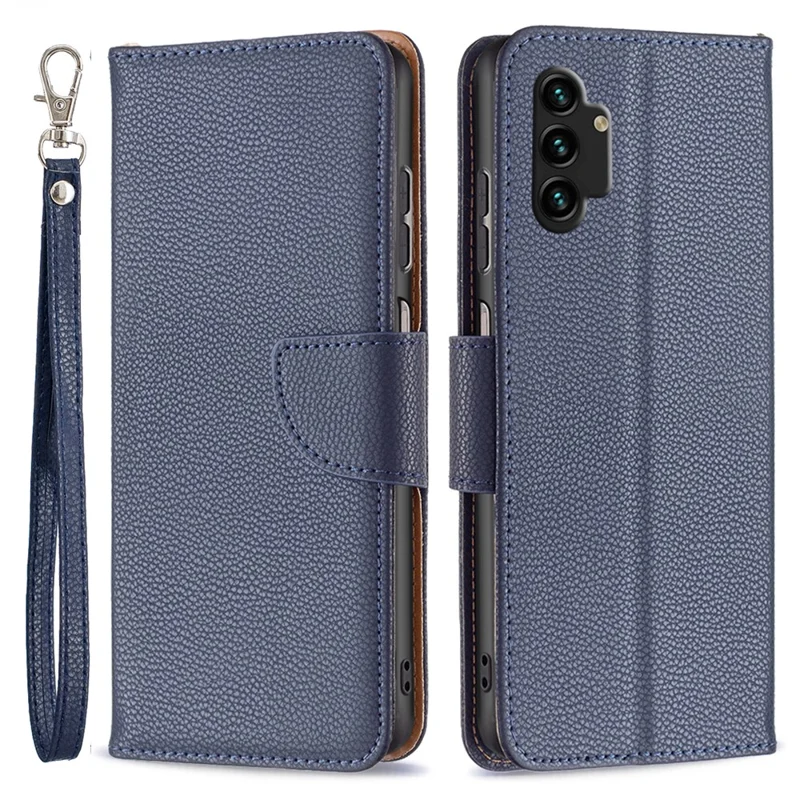 For Samsung Galaxy A13 4G / A13 5G / A04 4G (164.4 x 76.3 x 9.1 mm) Magnetic Closure Litchi Texture PU Leather Wallet Solid Color Cell Phone Cover with Strap - Dark Blue
