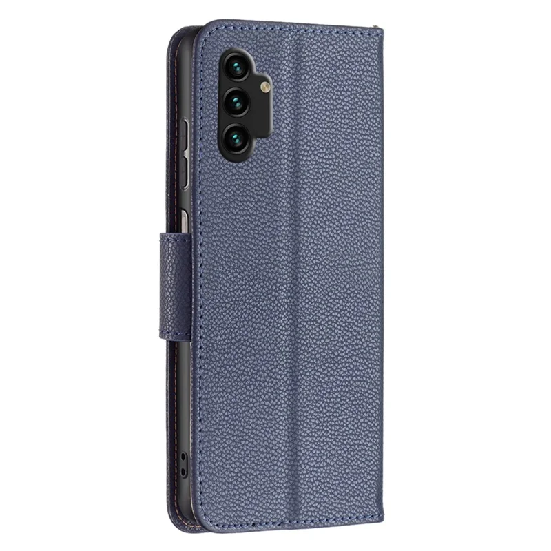 For Samsung Galaxy A13 4G / A13 5G / A04 4G (164.4 x 76.3 x 9.1 mm) Magnetic Closure Litchi Texture PU Leather Wallet Solid Color Cell Phone Cover with Strap - Dark Blue
