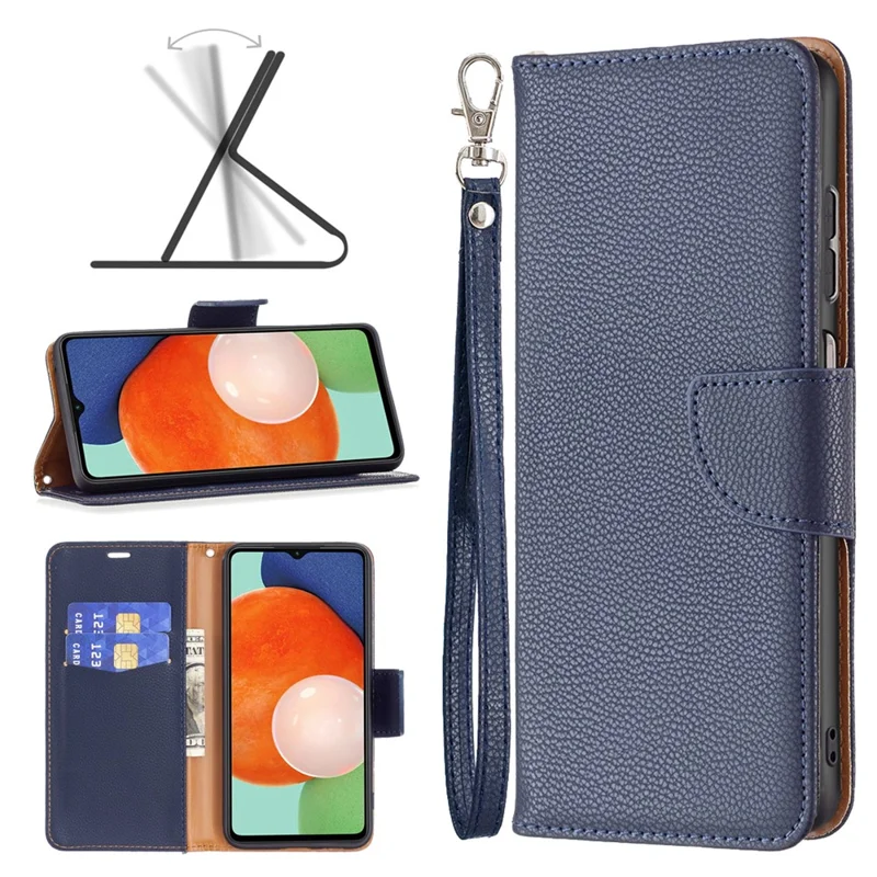 For Samsung Galaxy A13 4G / A13 5G / A04 4G (164.4 x 76.3 x 9.1 mm) Magnetic Closure Litchi Texture PU Leather Wallet Solid Color Cell Phone Cover with Strap - Dark Blue
