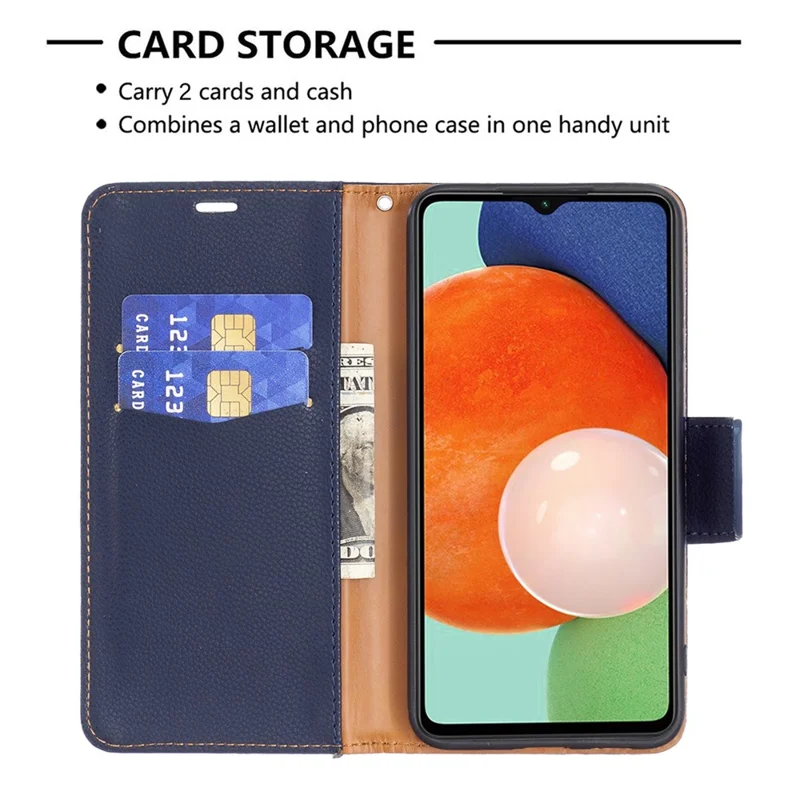 For Samsung Galaxy A13 4G / A13 5G / A04 4G (164.4 x 76.3 x 9.1 mm) Magnetic Closure Litchi Texture PU Leather Wallet Solid Color Cell Phone Cover with Strap - Dark Blue