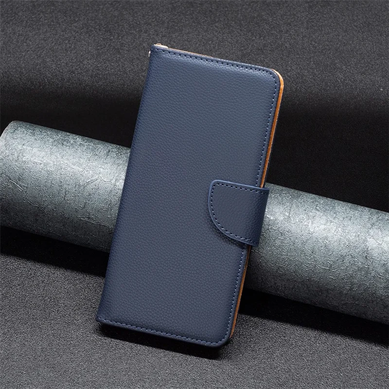 For Samsung Galaxy A13 4G / A13 5G / A04 4G (164.4 x 76.3 x 9.1 mm) Magnetic Closure Litchi Texture PU Leather Wallet Solid Color Cell Phone Cover with Strap - Dark Blue