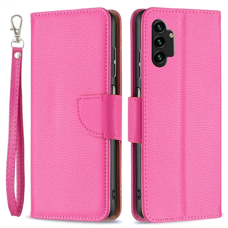 For Samsung Galaxy A13 4G / A13 5G / A04 4G (164.4 x 76.3 x 9.1 mm) Magnetic Closure Litchi Texture PU Leather Wallet Solid Color Cell Phone Cover with Strap - Rose