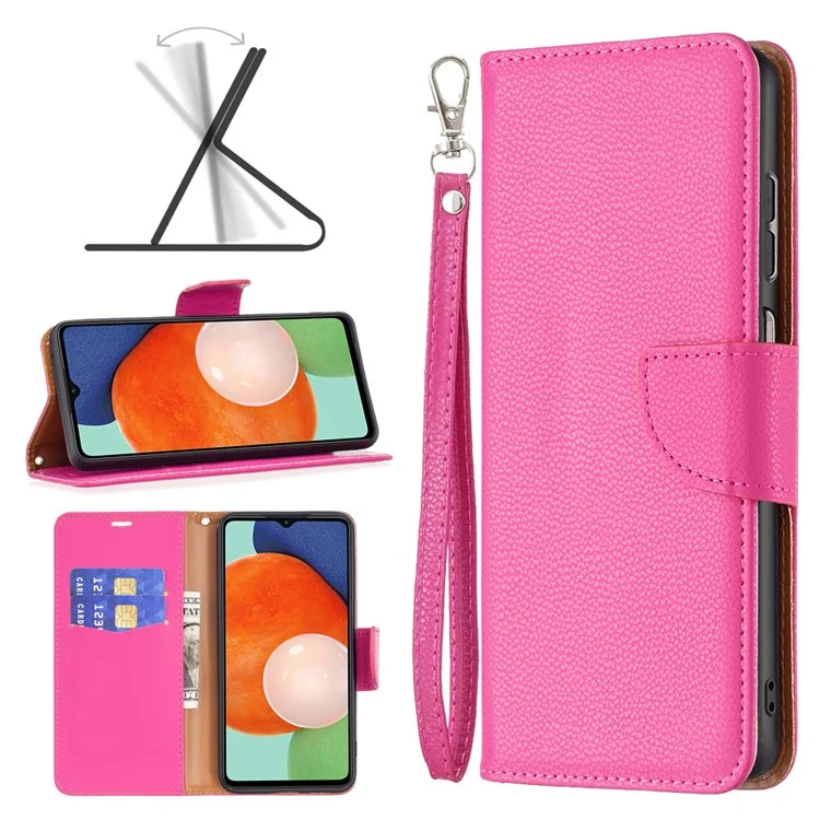 For Samsung Galaxy A13 4G / A13 5G / A04 4G (164.4 x 76.3 x 9.1 mm) Magnetic Closure Litchi Texture PU Leather Wallet Solid Color Cell Phone Cover with Strap - Rose