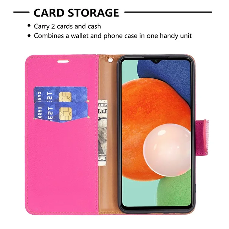 For Samsung Galaxy A13 4G / A13 5G / A04 4G (164.4 x 76.3 x 9.1 mm) Magnetic Closure Litchi Texture PU Leather Wallet Solid Color Cell Phone Cover with Strap - Rose
