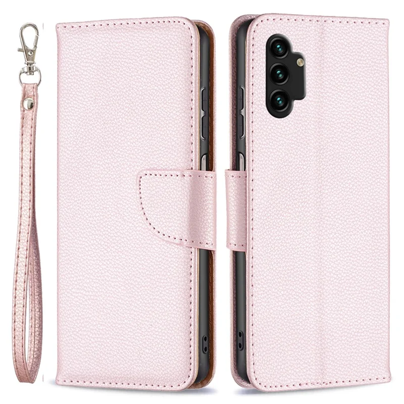 For Samsung Galaxy A13 4G / A13 5G / A04 4G (164.4 x 76.3 x 9.1 mm) Magnetic Closure Litchi Texture PU Leather Wallet Solid Color Cell Phone Cover with Strap - Rose Gold