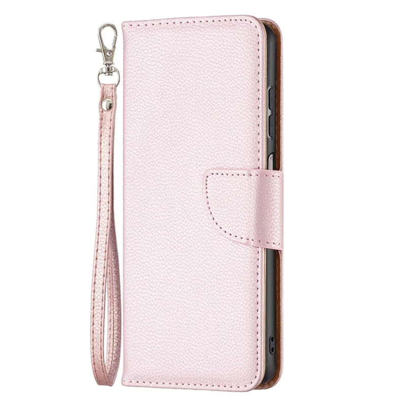 For Samsung Galaxy A13 4G / A13 5G / A04 4G (164.4 x 76.3 x 9.1 mm) Magnetic Closure Litchi Texture PU Leather Wallet Solid Color Cell Phone Cover with Strap - Rose Gold