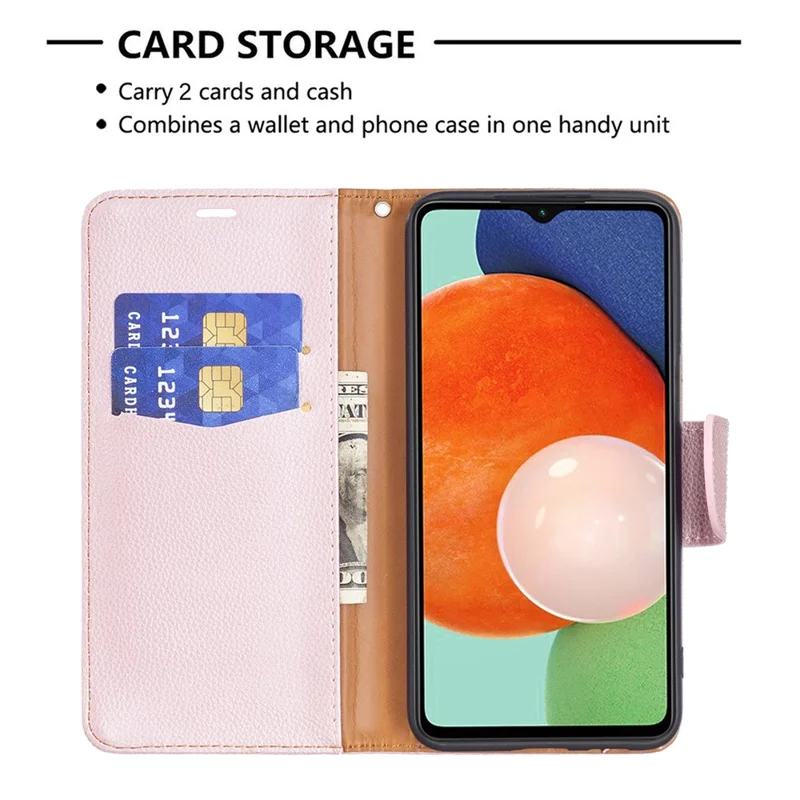 For Samsung Galaxy A13 4G / A13 5G / A04 4G (164.4 x 76.3 x 9.1 mm) Magnetic Closure Litchi Texture PU Leather Wallet Solid Color Cell Phone Cover with Strap - Rose Gold
