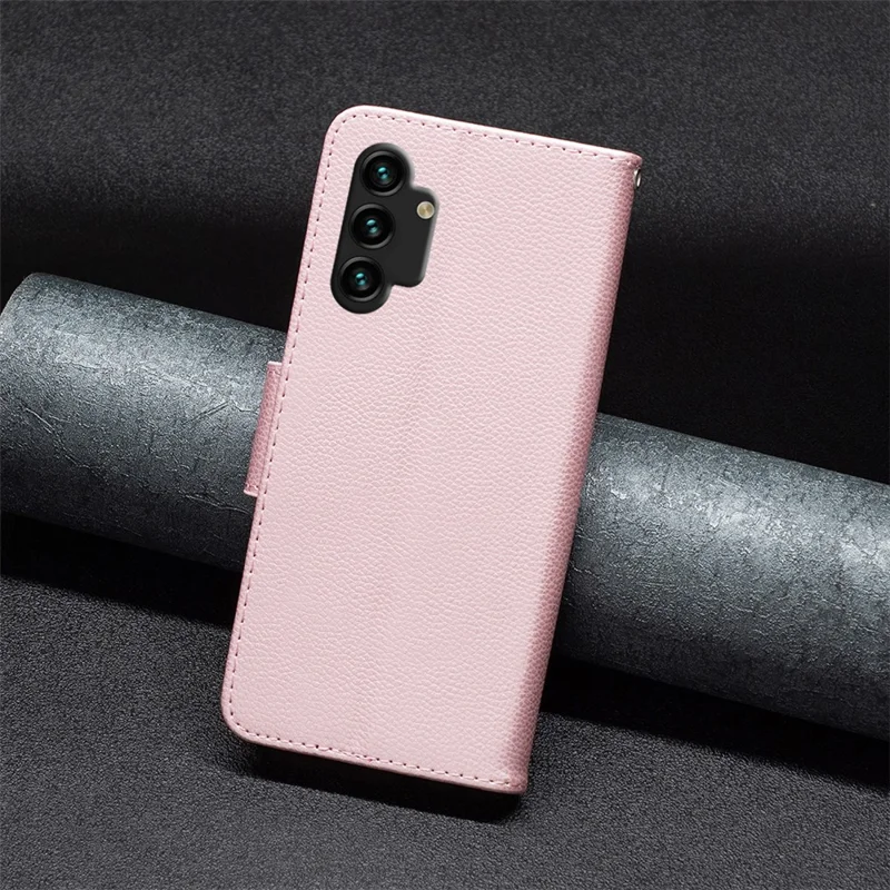 For Samsung Galaxy A13 4G / A13 5G / A04 4G (164.4 x 76.3 x 9.1 mm) Magnetic Closure Litchi Texture PU Leather Wallet Solid Color Cell Phone Cover with Strap - Rose Gold
