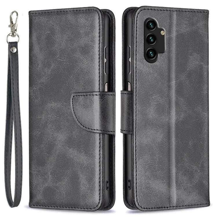 For Samsung Galaxy A13 4G / A13 5G / A04 4G (164.4 x 76.3 x 9.1 mm) Textured PU Leather Folio Flip Cover Stand Magnetic Phone Case with Strap - Black