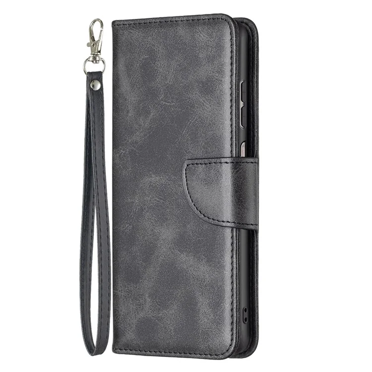 For Samsung Galaxy A13 4G / A13 5G / A04 4G (164.4 x 76.3 x 9.1 mm) Textured PU Leather Folio Flip Cover Stand Magnetic Phone Case with Strap - Black