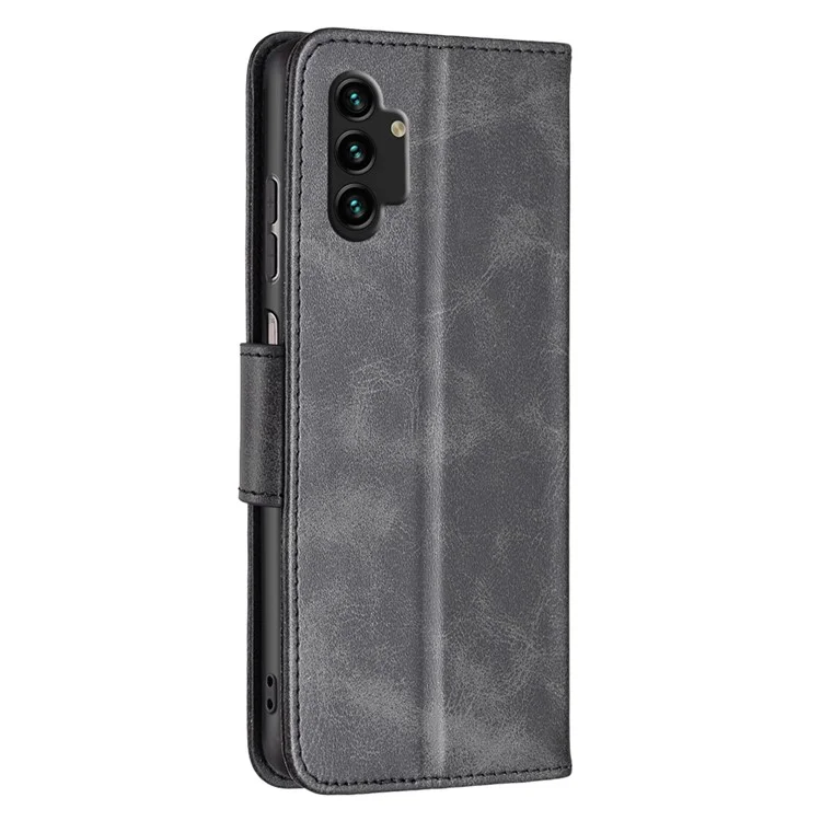 For Samsung Galaxy A13 4G / A13 5G / A04 4G (164.4 x 76.3 x 9.1 mm) Textured PU Leather Folio Flip Cover Stand Magnetic Phone Case with Strap - Black