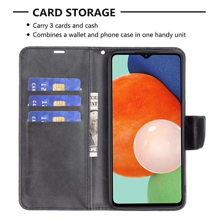 Для Samsung Galaxy A13 4G / A13 5G / A04 4G (164,4 x 76,3 x 9,1 Мм) Текстурированная Кожа Кожа Folio Flip Cover Stand Magnetic Phone Case с Ремешком - Черный