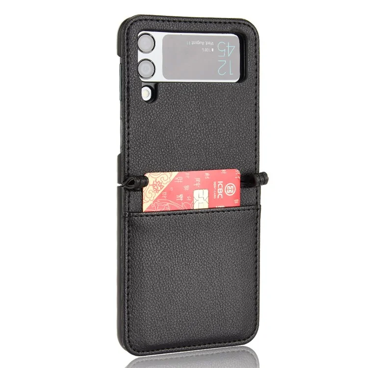 Pour Samsung Galaxy Z Flip3 5G Litchi Texture PU Leather Coated PC Case Card Slot One-piece Phone Cover - Noir