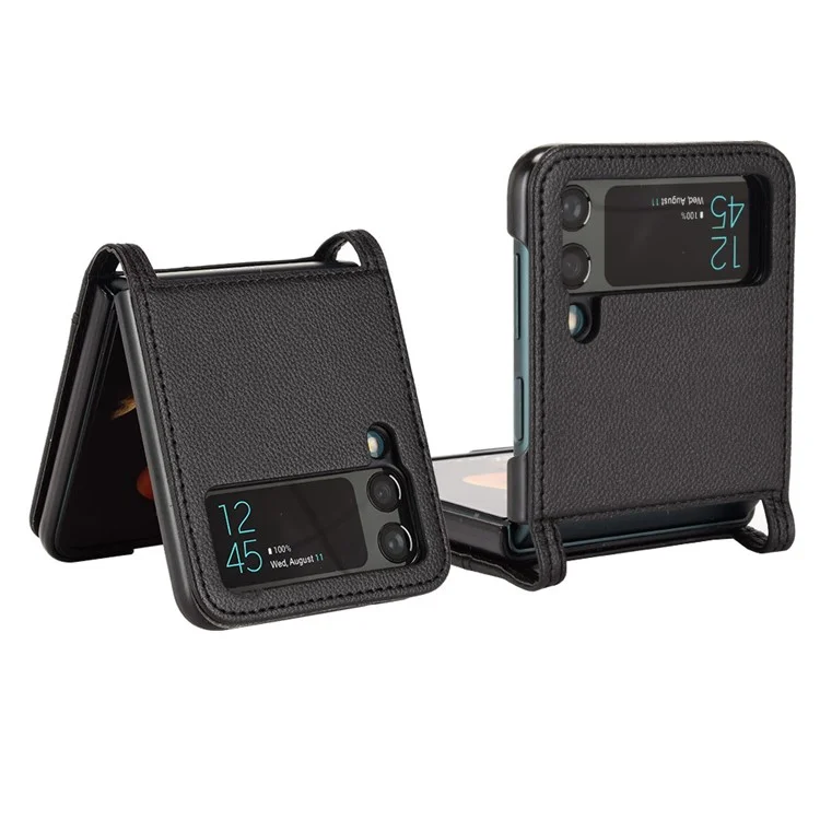 Pour Samsung Galaxy Z Flip3 5G Litchi Texture PU Leather Coated PC Case Card Slot One-piece Phone Cover - Noir