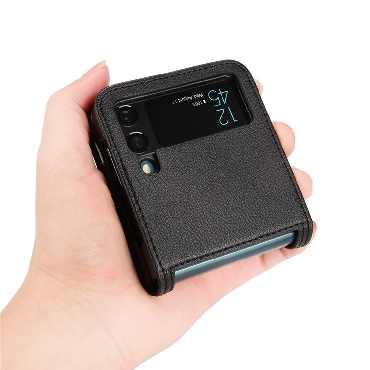 Pour Samsung Galaxy Z Flip3 5G Litchi Texture PU Leather Coated PC Case Card Slot One-piece Phone Cover - Noir