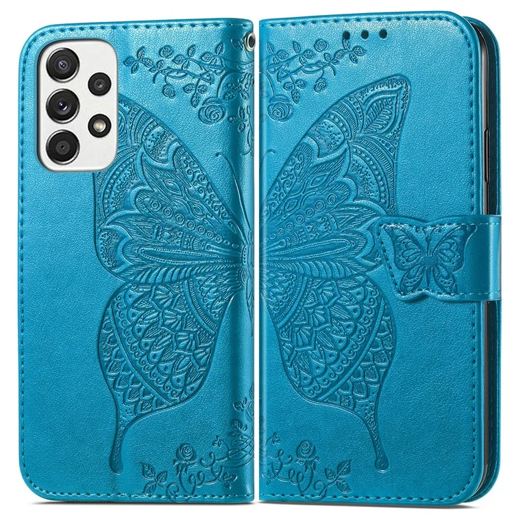 Para Samsung Galaxy A53 5G Imprinted Butterfly Flower Pattern Leather Case Full-Body Protective Stand Wallet Phone Cover with Strap - Blue