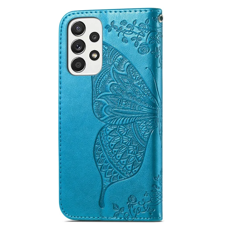 Para Samsung Galaxy A53 5G Imprinted Butterfly Flower Pattern Leather Case Full-Body Protective Stand Wallet Phone Cover with Strap - Blue