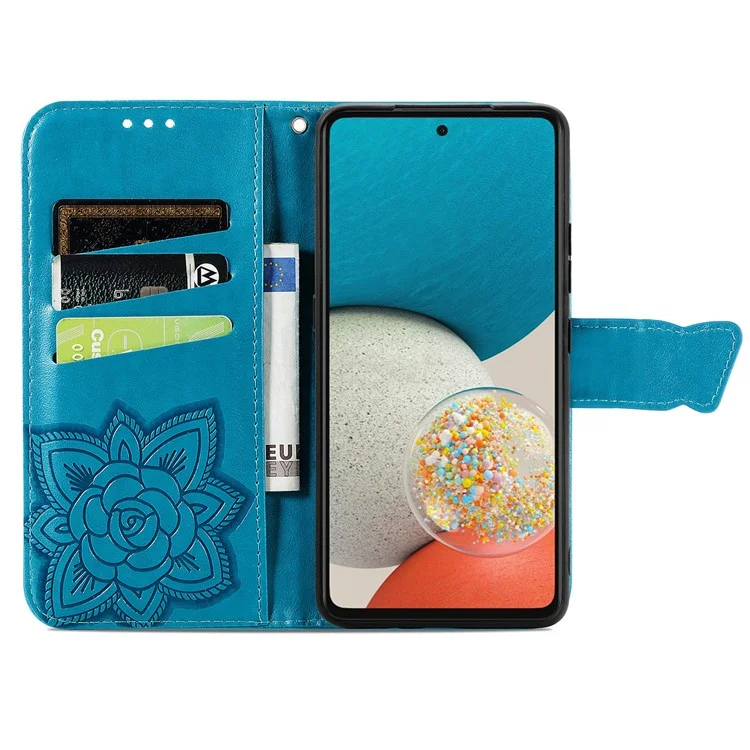 Para Samsung Galaxy A53 5G Imprinted Butterfly Flower Pattern Leather Case Full-Body Protective Stand Wallet Phone Cover with Strap - Blue