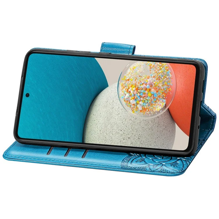 Para Samsung Galaxy A53 5G Imprinted Butterfly Flower Pattern Leather Case Full-Body Protective Stand Wallet Phone Cover with Strap - Blue