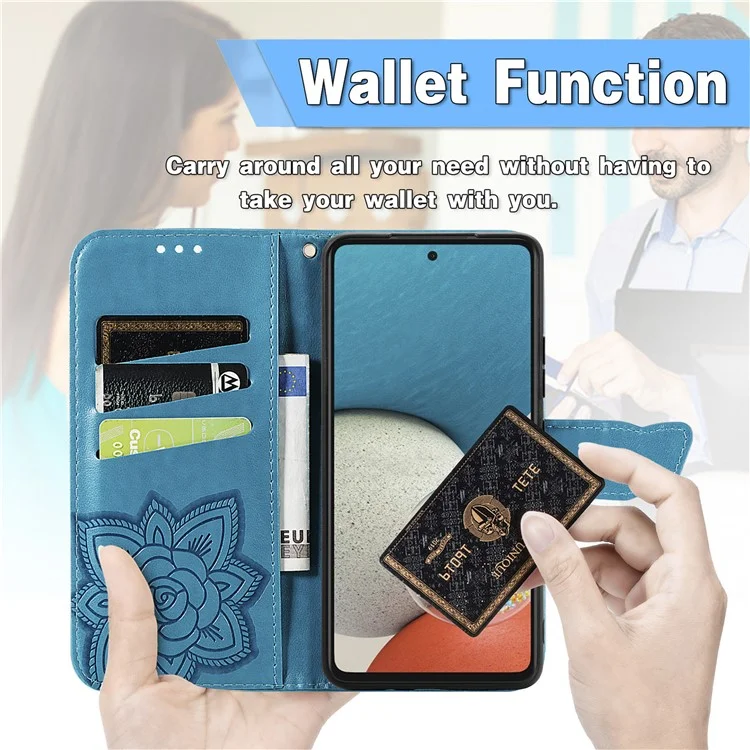 Para Samsung Galaxy A53 5G Imprinted Butterfly Flower Pattern Leather Case Full-Body Protective Stand Wallet Phone Cover with Strap - Blue