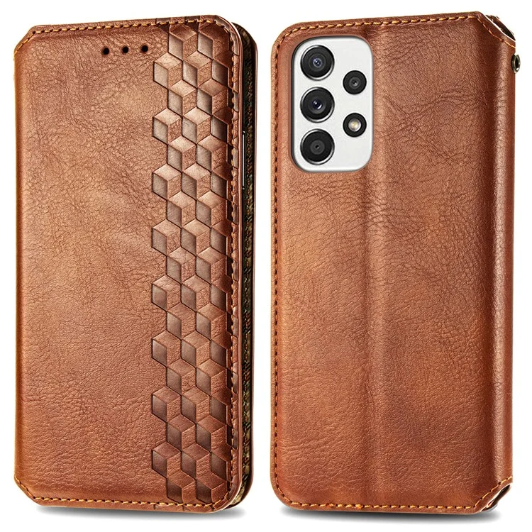 Pour Samsung Galaxy A53 5G Rhombus Imprinted Leather Phone Case Magnetic Auto Closing Book Stand Wallet Cover - Marron