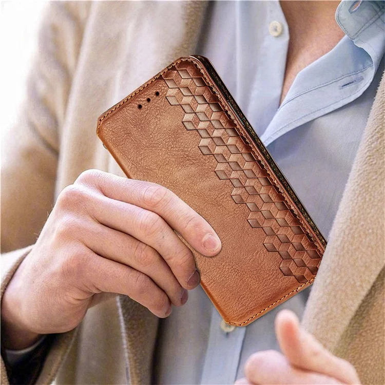 Pour Samsung Galaxy A53 5G Rhombus Imprinted Leather Phone Case Magnetic Auto Closing Book Stand Wallet Cover - Marron