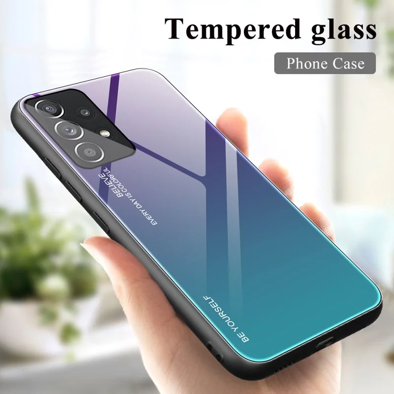 For Samsung Galaxy A33 5G Drop-proof Anti-scratch Gradient Tempered Glass Protective Cover TPU Frame Cell Phone Case - Purple/Blue
