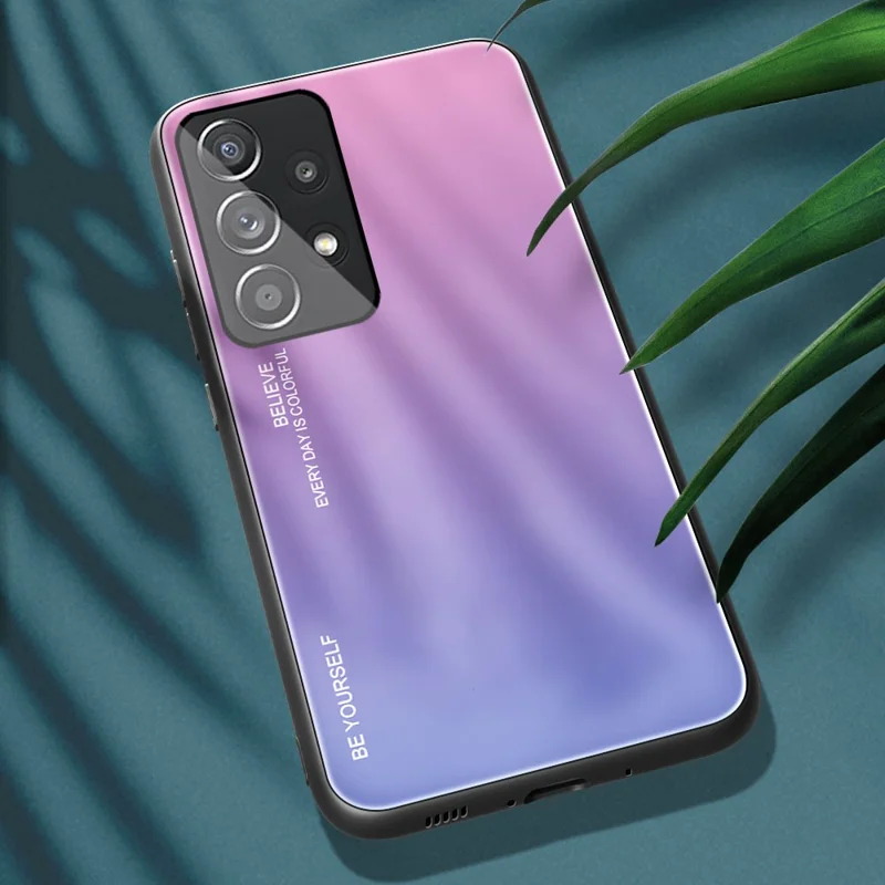 For Samsung Galaxy A33 5G Drop-proof Anti-scratch Gradient Tempered Glass Protective Cover TPU Frame Cell Phone Case - Pink/Purple