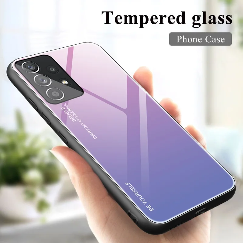 For Samsung Galaxy A33 5G Drop-proof Anti-scratch Gradient Tempered Glass Protective Cover TPU Frame Cell Phone Case - Pink/Purple
