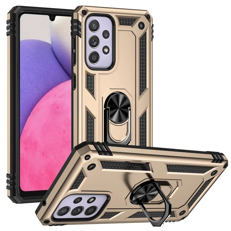 Para Samsung Galaxy A33 5G Militar Grade Drop-Proof Hybrid Phone Case com Integrated Ring Kickstand - Ouro