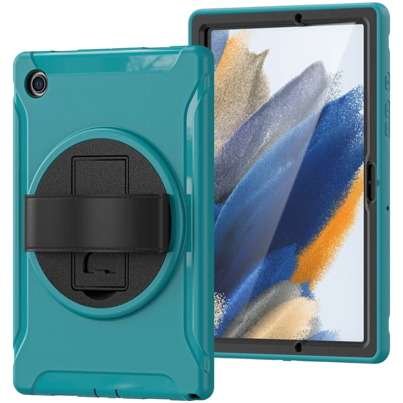 Funda protectora de tableta de silicona + policarbonato con soporte giratorio y correa de mano para Samsung Galaxy Tab A8 10.5 (2021) / A8 10.5 (2022) X200 / X205 - Azul claro