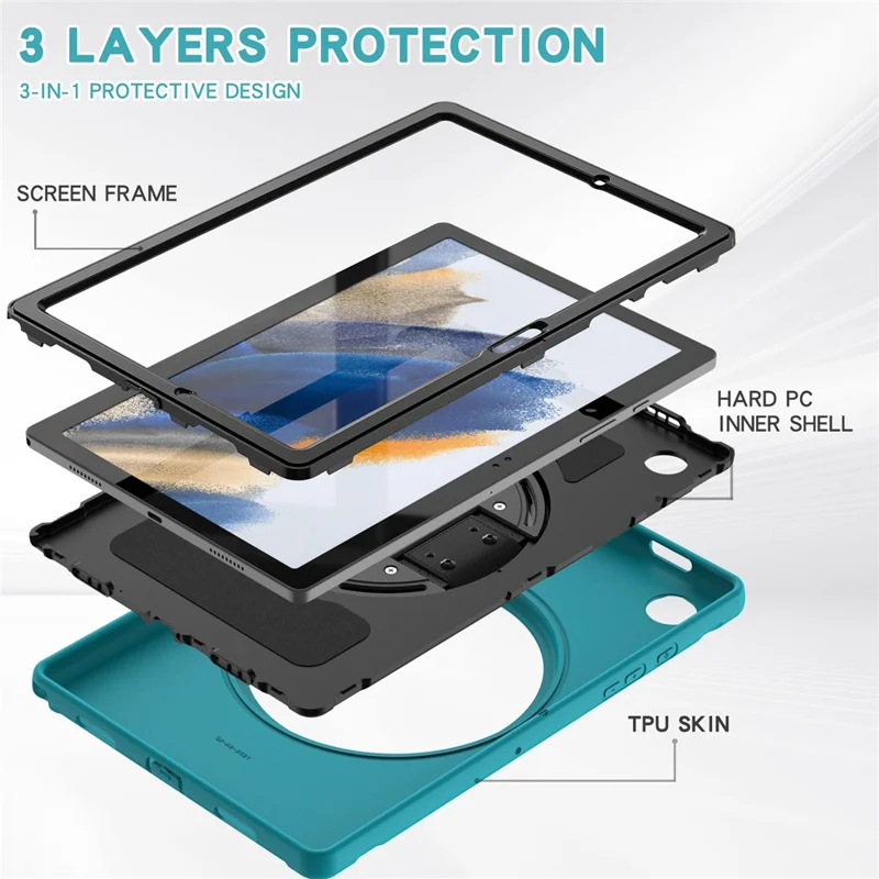 Funda protectora de tableta de silicona + policarbonato con soporte giratorio y correa de mano para Samsung Galaxy Tab A8 10.5 (2021) / A8 10.5 (2022) X200 / X205 - Azul claro