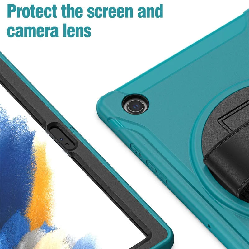 Funda protectora de tableta de silicona + policarbonato con soporte giratorio y correa de mano para Samsung Galaxy Tab A8 10.5 (2021) / A8 10.5 (2022) X200 / X205 - Azul claro
