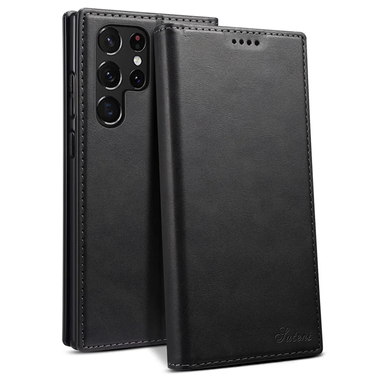 SUTENI for Samsung Galaxy S22 Ultra 5G Shockproof Auto-absorbed Magnetic Stand Wallet Leather Well-protected Phone Case Cover - Black