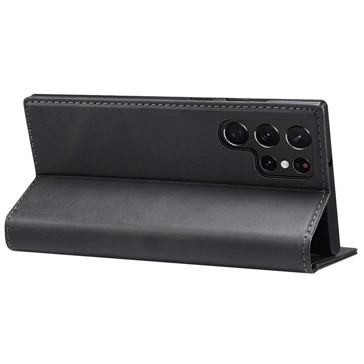 SUTENI for Samsung Galaxy S22 Ultra 5G Shockproof Auto-absorbed Magnetic Stand Wallet Leather Well-protected Phone Case Cover - Black