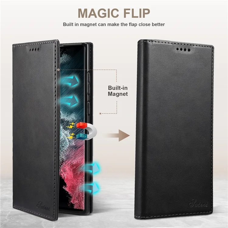 SUTENI for Samsung Galaxy S22 Ultra 5G Shockproof Auto-absorbed Magnetic Stand Wallet Leather Well-protected Phone Case Cover - Black