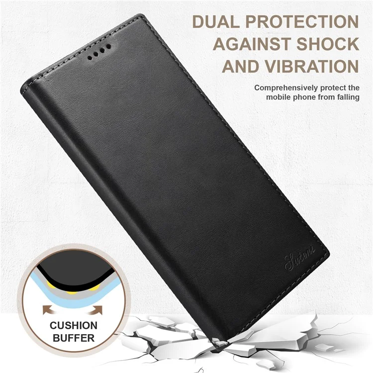 SUTENI for Samsung Galaxy S22 Ultra 5G Shockproof Auto-absorbed Magnetic Stand Wallet Leather Well-protected Phone Case Cover - Black