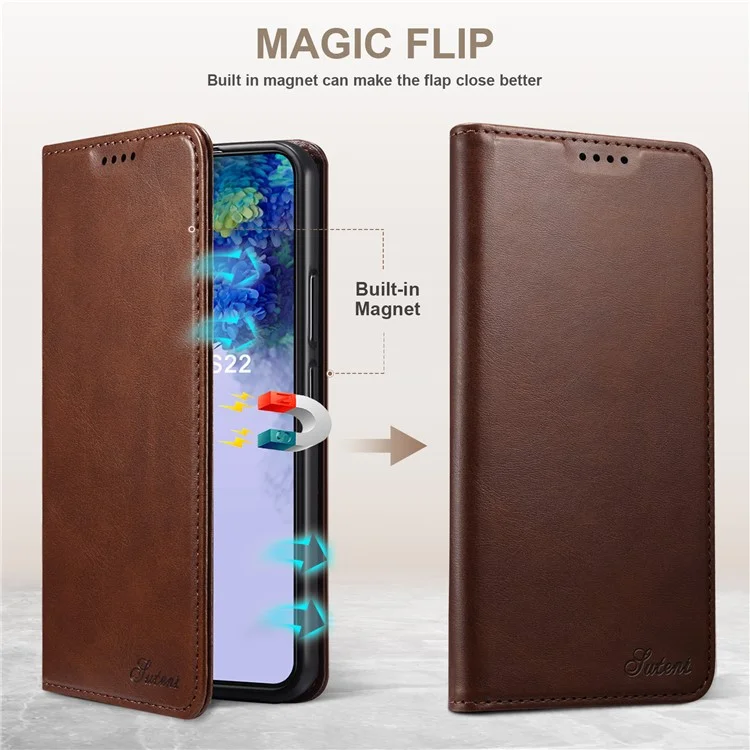 SUTENI für Samsung Galaxy S22+ 5G Auto-absorbierte magnetische gut geschützte Stand-Brieftasche aus Leder Anti-Kratzer Handyhülle - Braun