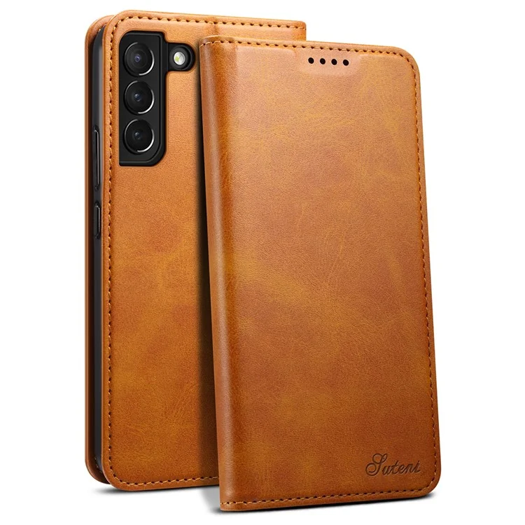 SUTENI for Samsung Galaxy S22 5G Auto-absorbed Magnetic Drop-proof Stand Wallet Leather Case Phone Cover - Khaki