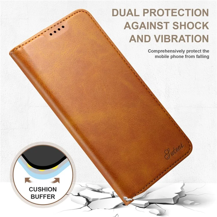 SUTENI for Samsung Galaxy S22 5G Auto-absorbed Magnetic Drop-proof Stand Wallet Leather Case Phone Cover - Khaki