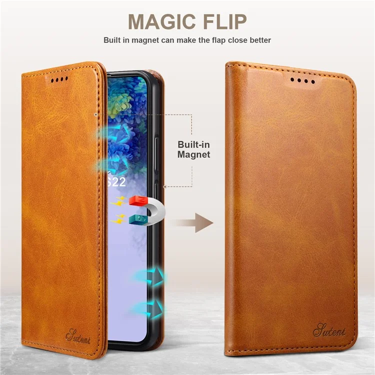 SUTENI for Samsung Galaxy S22 5G Auto-absorbed Magnetic Drop-proof Stand Wallet Leather Case Phone Cover - Khaki