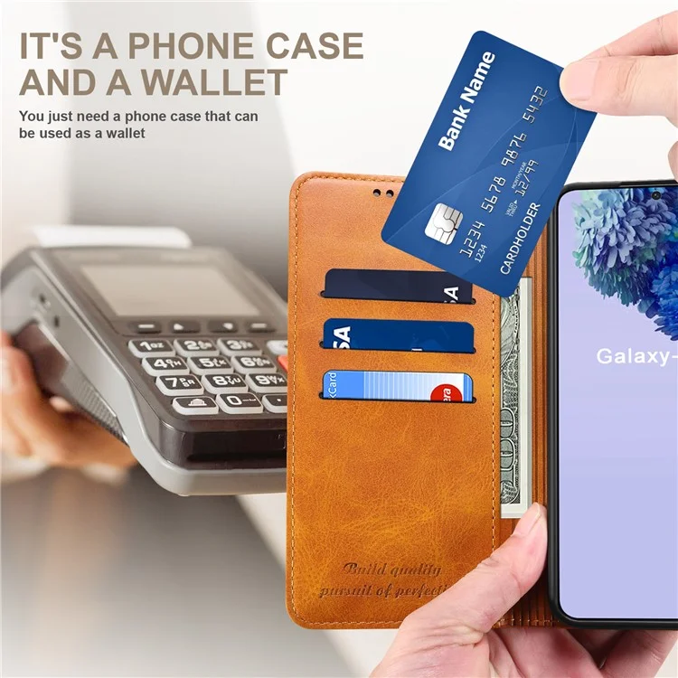 SUTENI for Samsung Galaxy S22 5G Auto-absorbed Magnetic Drop-proof Stand Wallet Leather Case Phone Cover - Khaki