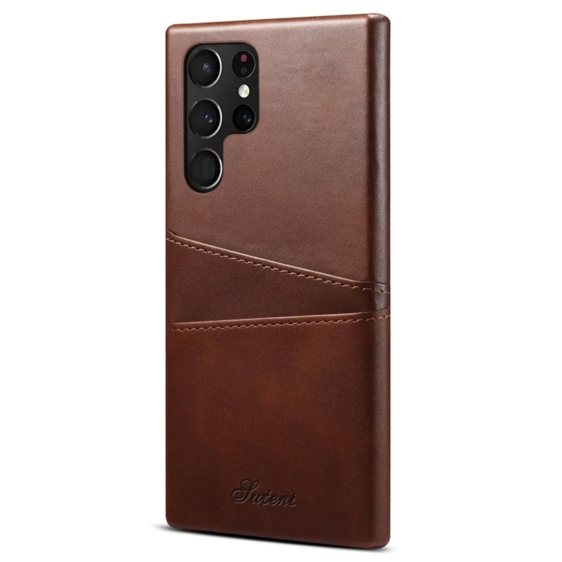 SUTENI for Samsung Galaxy S22 Ultra 5G PU Leather Coated PC Case Well-protected Textured Mobile Phone Cover with Card Holders - Brown