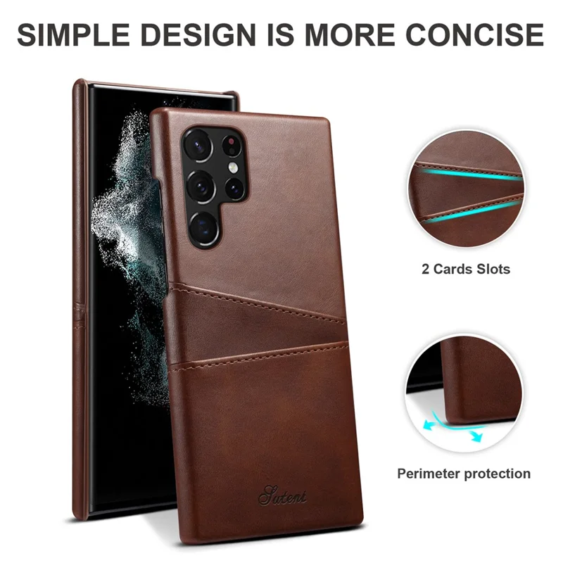 SUTENI for Samsung Galaxy S22 Ultra 5G PU Leather Coated PC Case Well-protected Textured Mobile Phone Cover with Card Holders - Brown